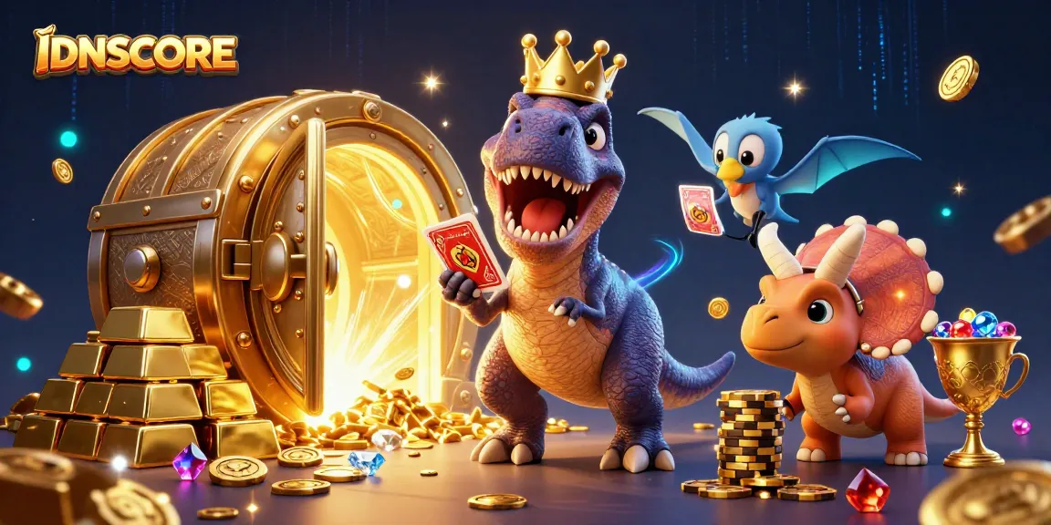 Experience thrilling gameplay with IDNSCORE where a friendly T-Rex and friends shuffle cards and stack chips.