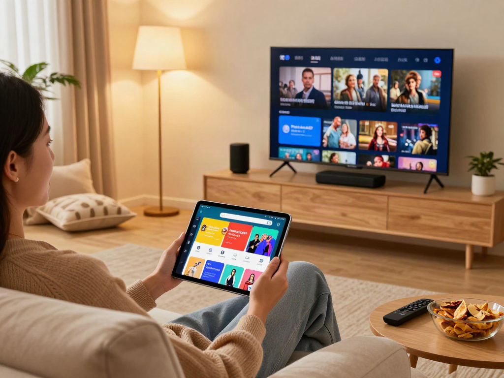 User exploring Pikashow APK on tablet in a cozy living room with modern tech setup.