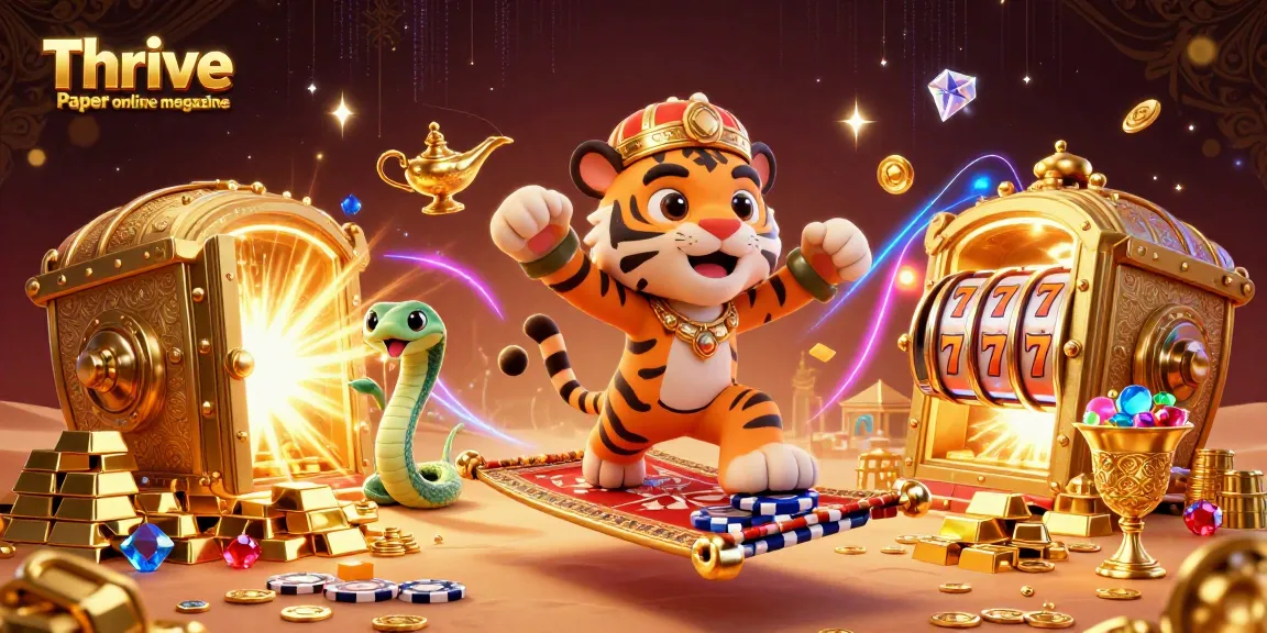 Engage with interactive slots at Thrive Paper online magazine, featuring a vibrant casino scene.