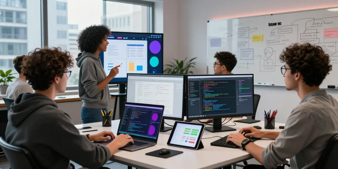 Collaboration in a modern tech workspace illustrating bdtjl values of innovation and teamwork.