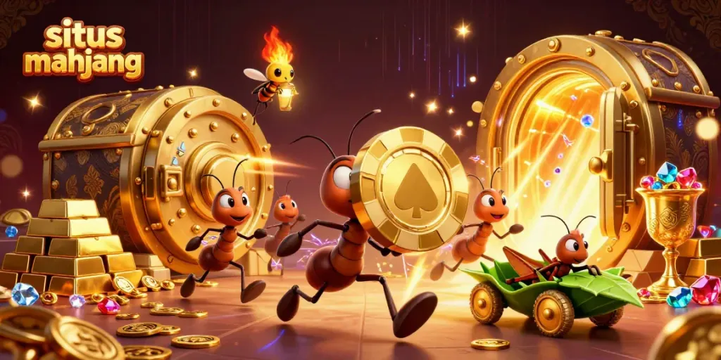 Experience the excitement on situs mahjong with animated ants heisting a giant poker chip in a vibrant casino design.