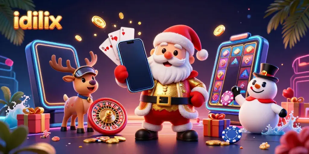 Experience thrilling jackpots with idlix in a festive casino scene featuring Santa and friends.