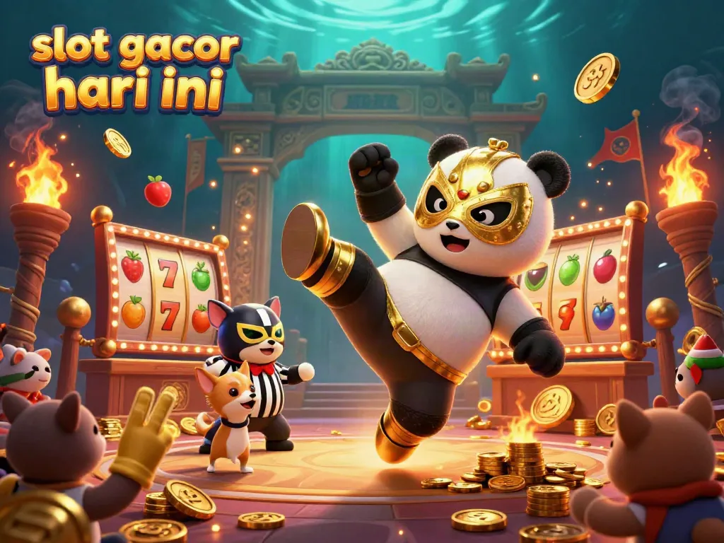 Exciting scene of slot gacor hari ini with a wrestling panda performing a flying kick, amidst dynamic casino elements.