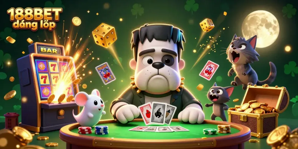 Experience thrilling gameplay with 188BET đăng nhập, featuring a lively casino scene with vibrant characters and game elements.