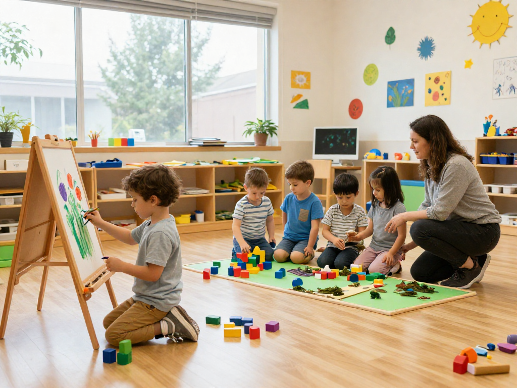 Engaged children at シンガポール 幼稚園 日本人 Pegasus International Preschool exploring inquiry-based activities in a vibrant classroom.