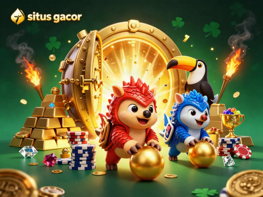 Engage with situs gacor featuring cartoon pangolins bowling through poker chips in a lively casino scene.