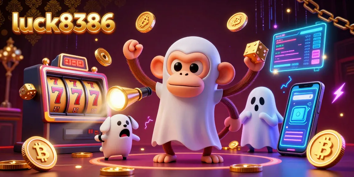 Engage with luck8386's dazzling scene showcasing a playful poltergeist monkey juggling coins in a vibrant casino.