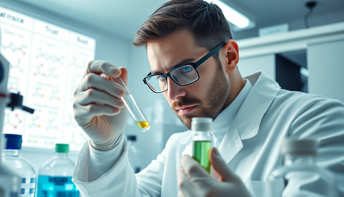Buy tesamorelin through a skilled researcher analyzing peptide solutions in a high-tech lab.
