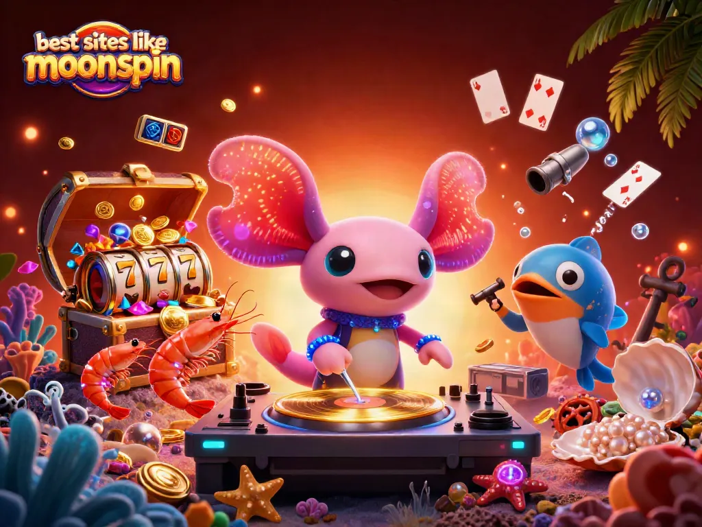 Play slots and win big at the best sites like moonspin with vibrant underwater casino party illustration.