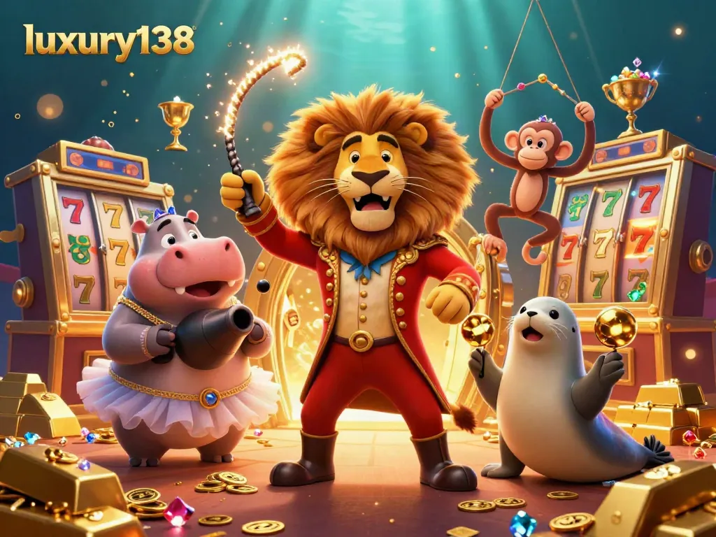 Experience the excitement of luxury138 with dynamic casino characters among golden treasures and slot machines.