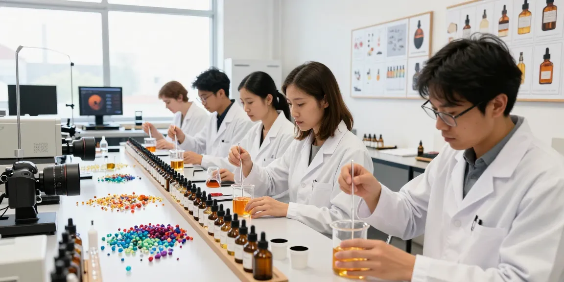 Fragrance Beads Manufacturer team blending vibrant oils with colorful beads in a modern lab.