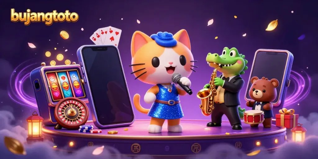 Bujangtoto scene with a jazz-singer cat, saxophone-playing crocodile, and drum bear cub enjoying vibrant casino games.