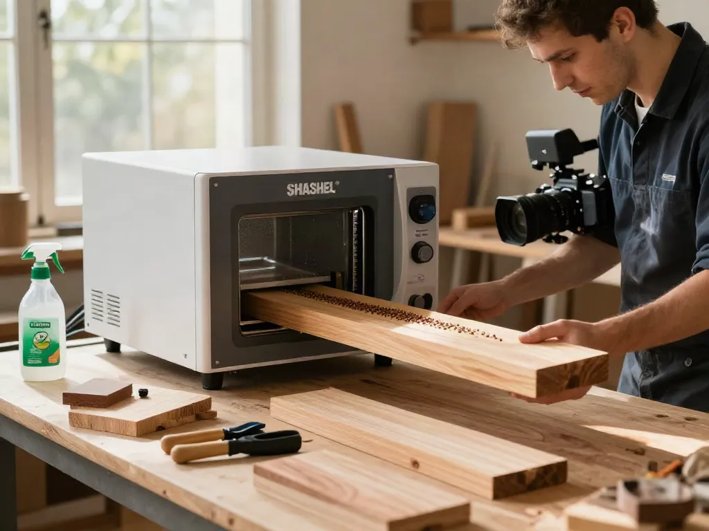 SHASHEL® microwave treatment equipment eliminating woodworms in a workshop setting.