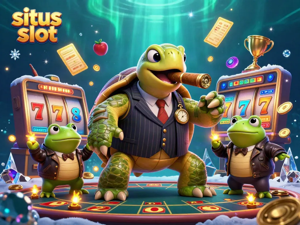 Ilustrasi 3D menarik dengan karakter slot, mengudara, dan simbol jackpot berwarna-warni di arena kasino.