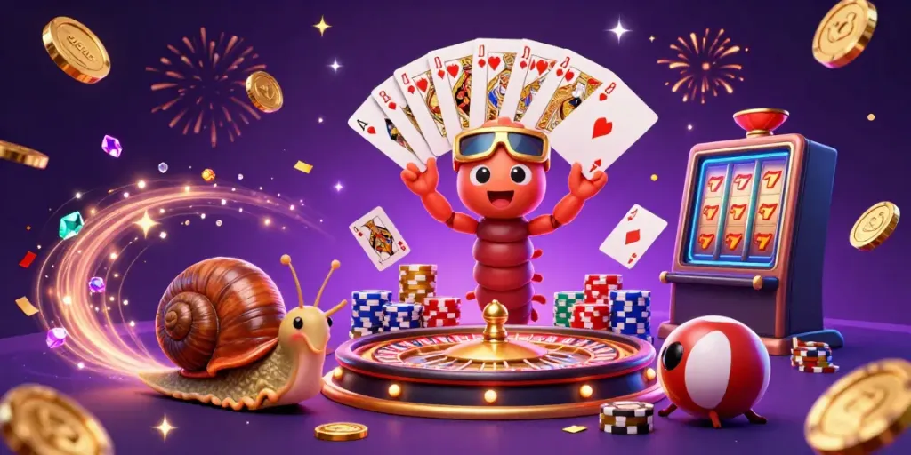 Engage in slot gacor excitement with a millipede dealer and high-roller snail amidst casino elements.