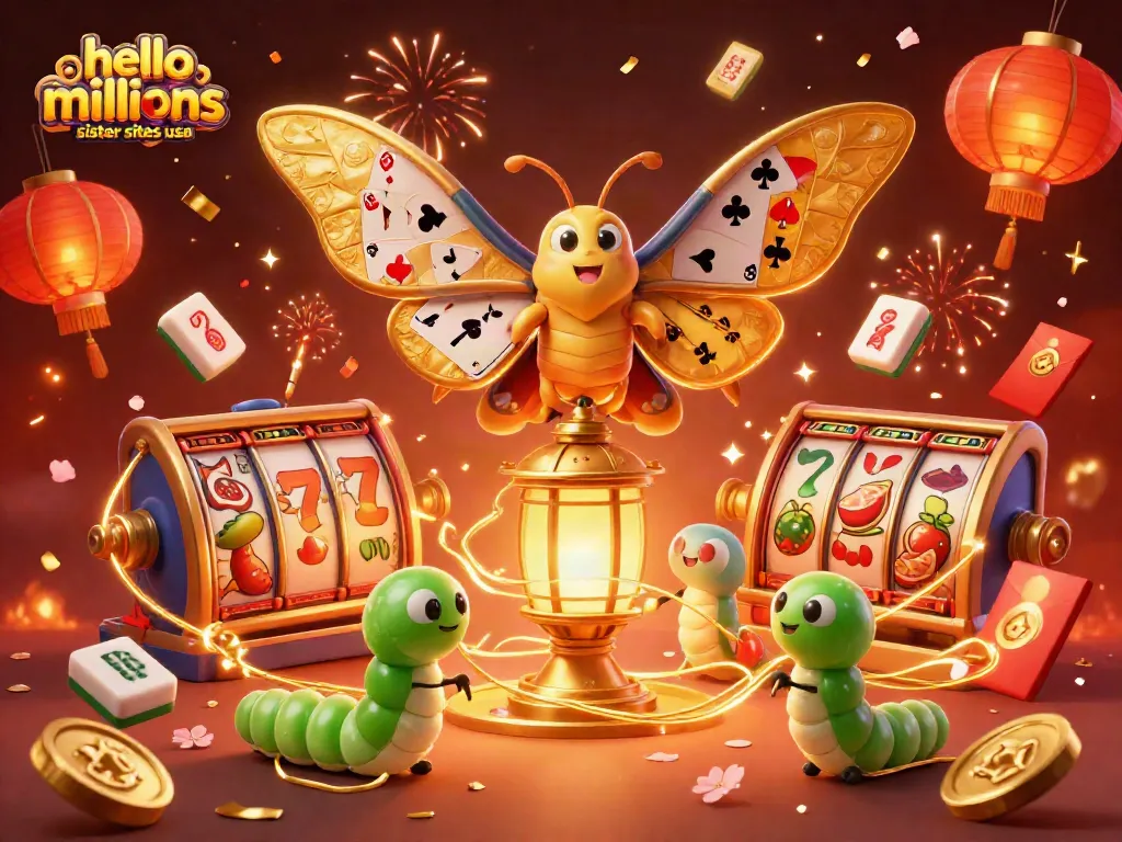 Discover hello millions sister sites usa featuring vibrant 3D casino elements with a triumphant moth character.