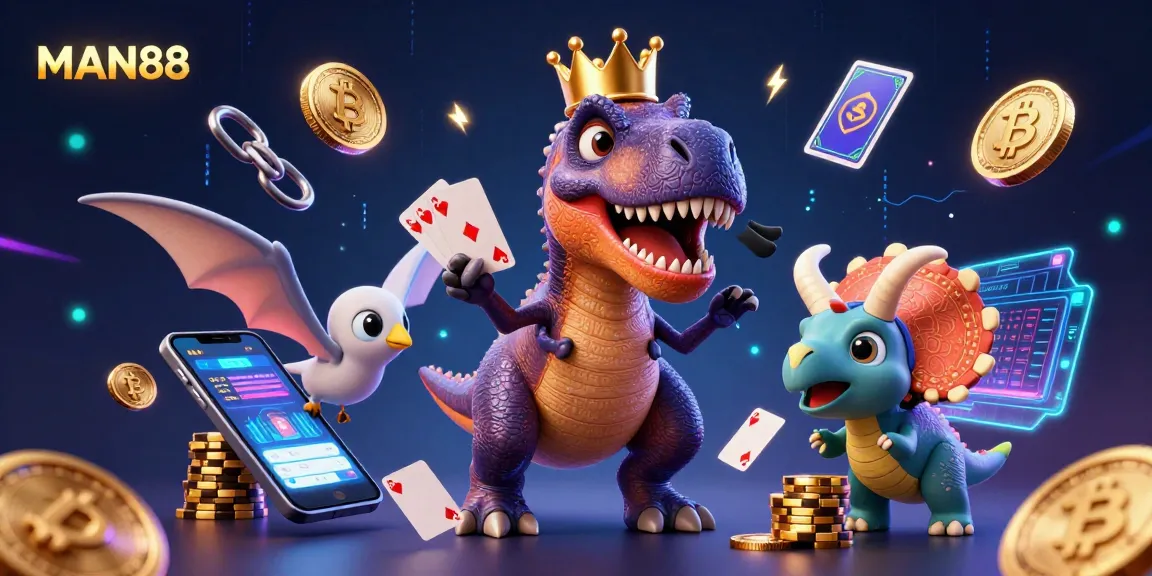 Engage with MAN88's vibrant casino scene depicting a T-Rex shuffling cards with Bitcoin and Ethereum elements.