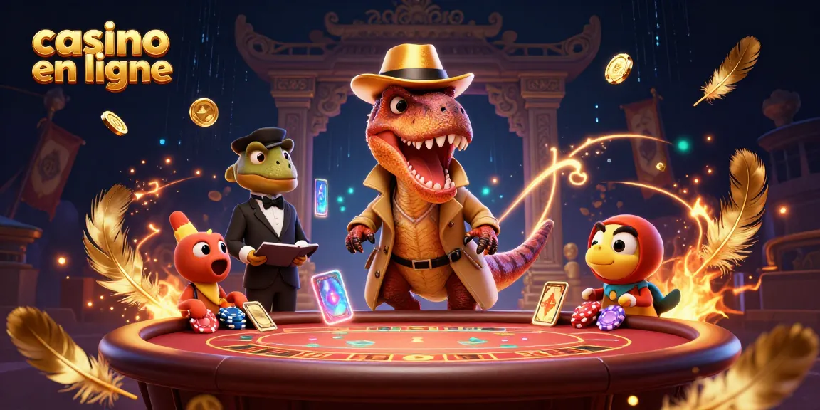 Des jeux de casino en ligne avec un velociraptor comptant des cartes et un pit boss sur un fond coloré.