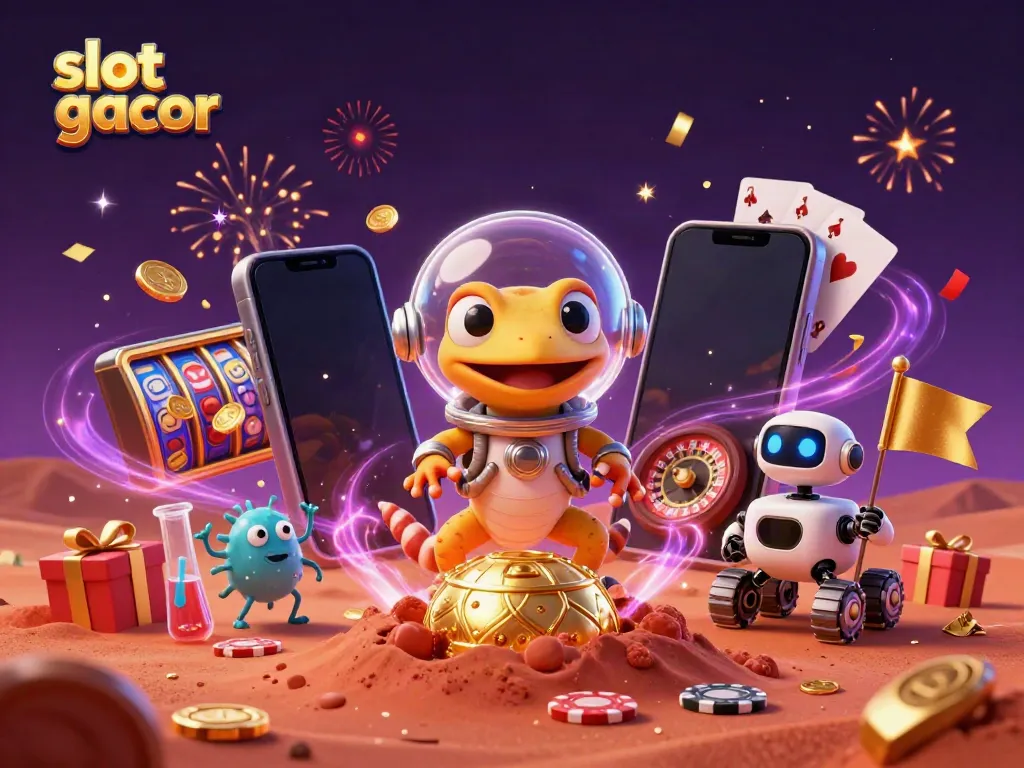 Pemain slot gacor menemukan kasino emas di Mars bersama robot dan bakteri alien dalam ilustrasi 3D yang berwarna-warni.