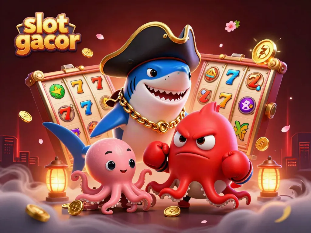 Slot gacor menarik dengan hiu kapten dan ikan puffer dalam ilustrasi kasino.