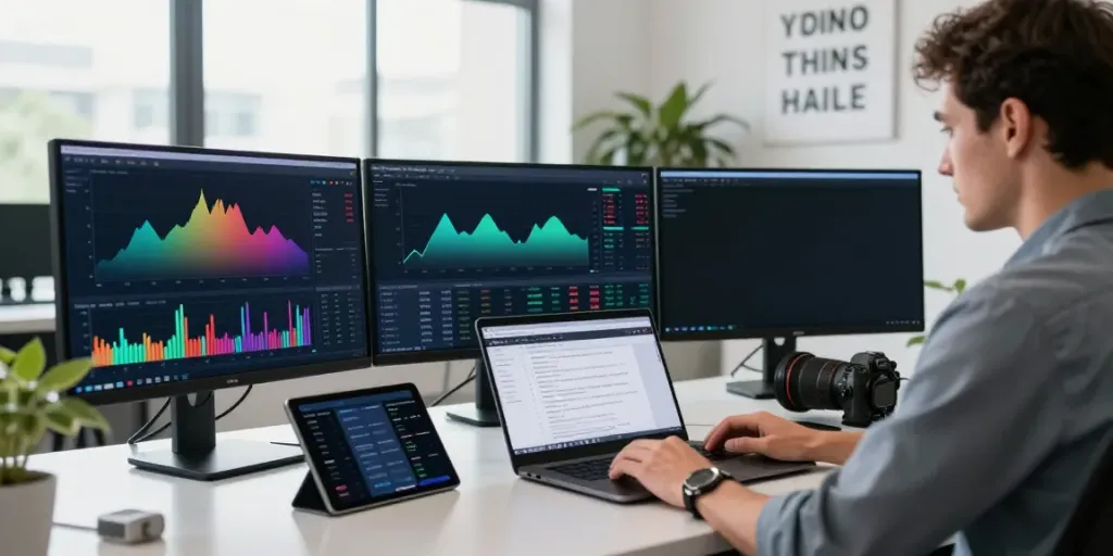 Trader analyzing MetaTrader 5 charts in a modern office setting.