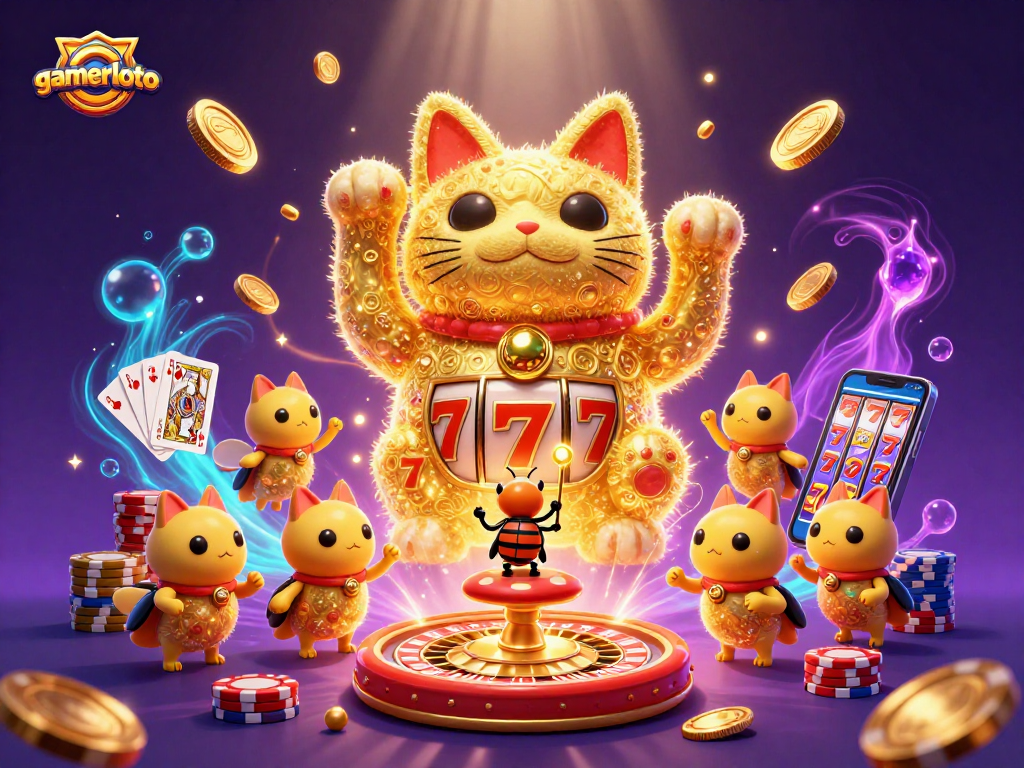 Experience gamerloto's vibrant slot gaming with dynamic golden fireflies, poker chips, and glowing elements.