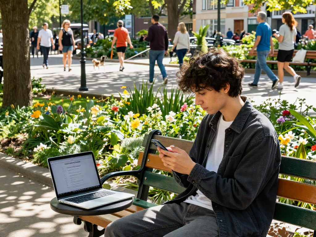 Person taking an attractiveness test in a vibrant park setting, reflecting on self-image.