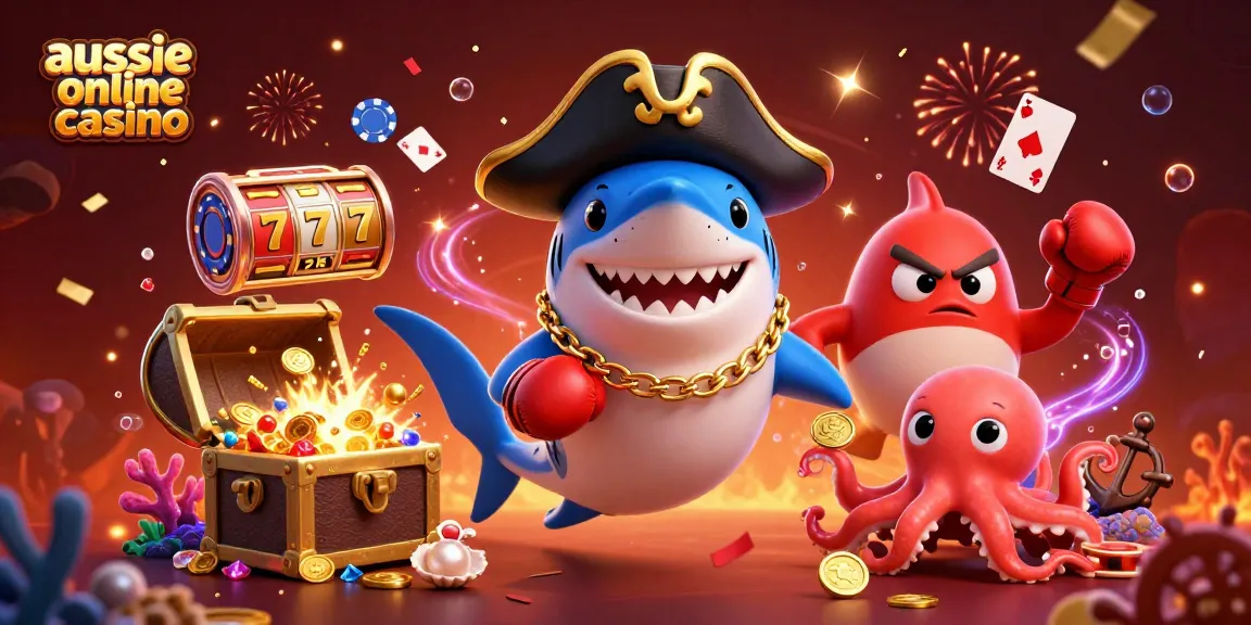 Engage with the vibrant aussie online casino scene featuring a pirate shark, a boxing pufferfish, and a coin-holding octopus.