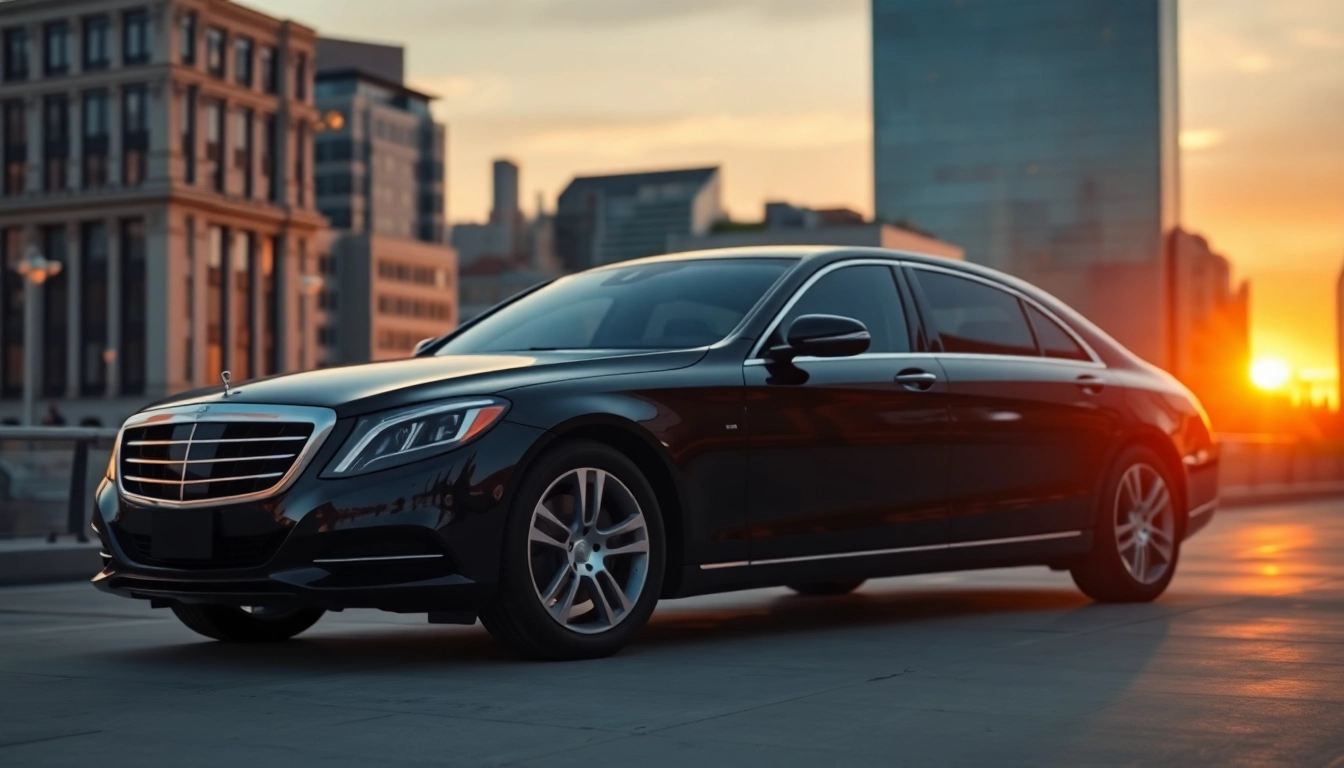 Experience luxury with a top-notch black car service Rhode Island in a city backdrop at sunset.