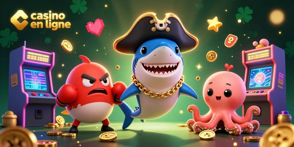 Découvrez un univers de casino en ligne avec un requin pirate et des jeux colorés.