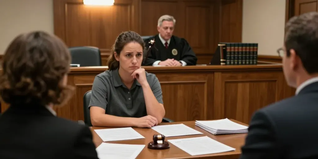 Forsyth County DUI wreck courtroom scene with defendant and attorney in session.