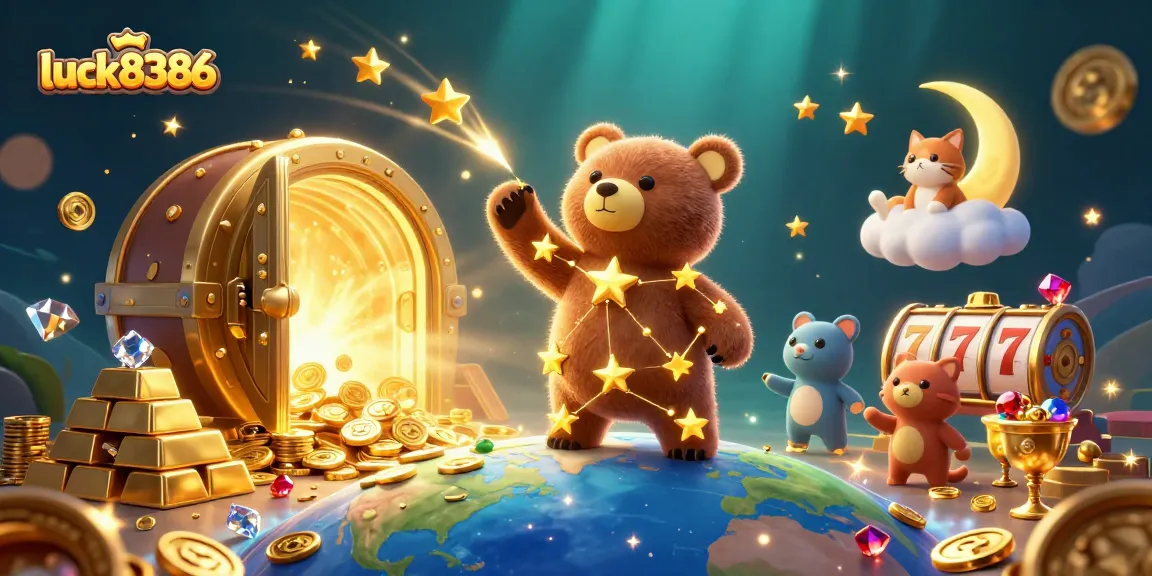 Experience the magic of luck8386 with golden treasures and slot excitement in this dynamic 3D illustration.