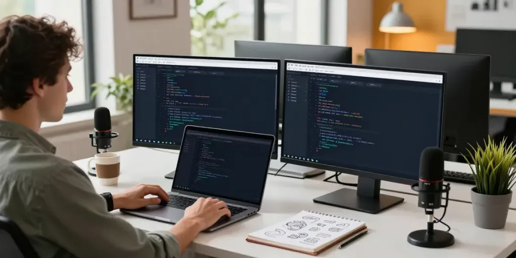 View website from the perspective of a coder analyzing code in a modern workspace.