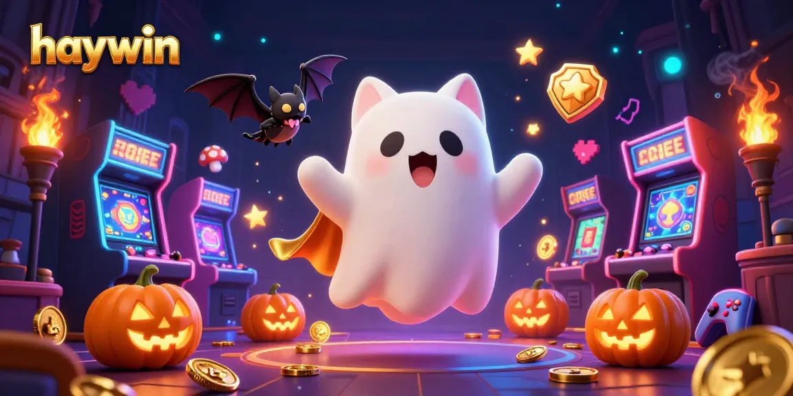 Experience thrilling wins at Haywin with a ghost cat roaming a haunted casino illuminated by glowing jack-o-lanterns.