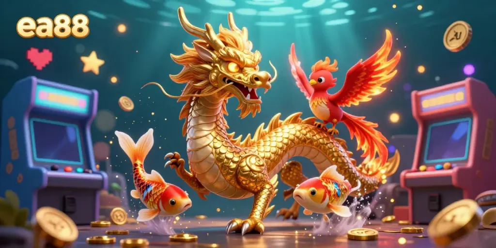 Hồ nước với rồng vàng ea88, phượng hoàng đỏ và cá chép vương giả giữa cảnh trò chơi thú vị.