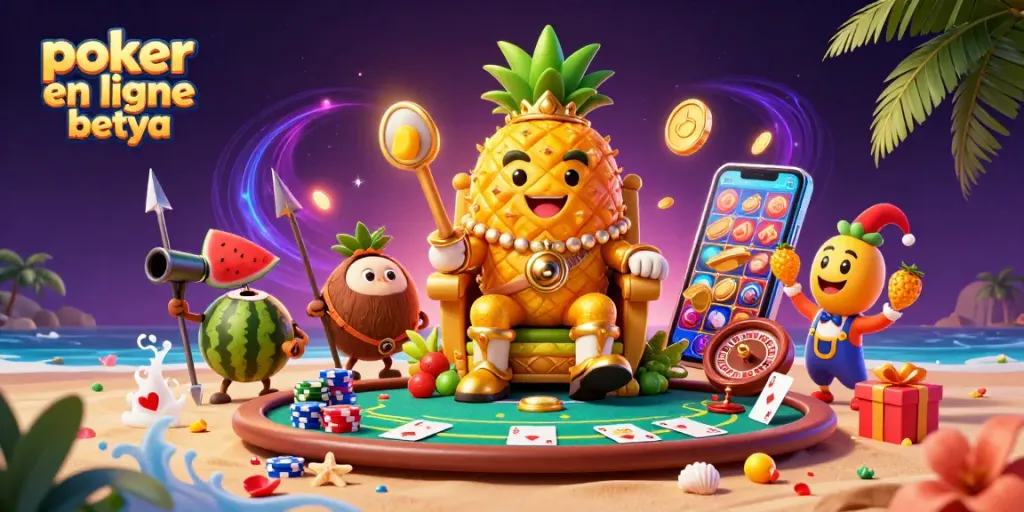 Engage in thrilling poker en ligne betya gameplay with a vibrant beach casino scene featuring lively characters and gambling elements.