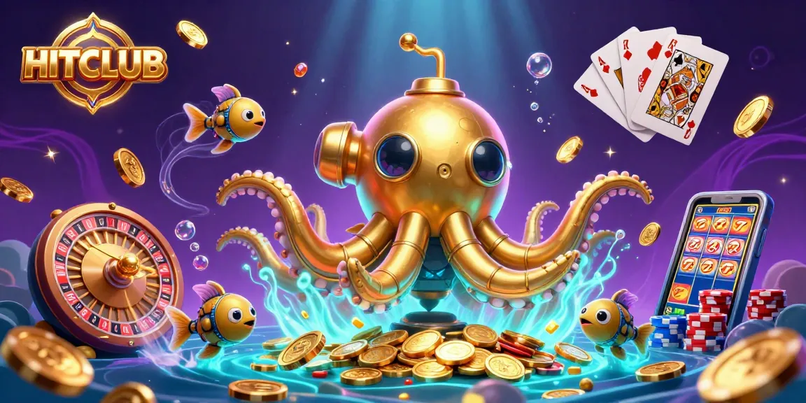 Experience the thrill of HITCLUB with a vibrant 3D casino scene showcasing exciting games and golden coins.