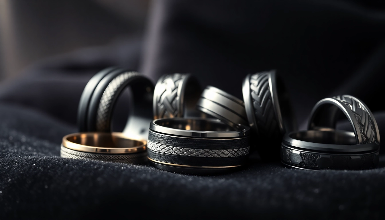 Showcase of dark mens wedding bands, highlighting unique designs and craftsmanship.