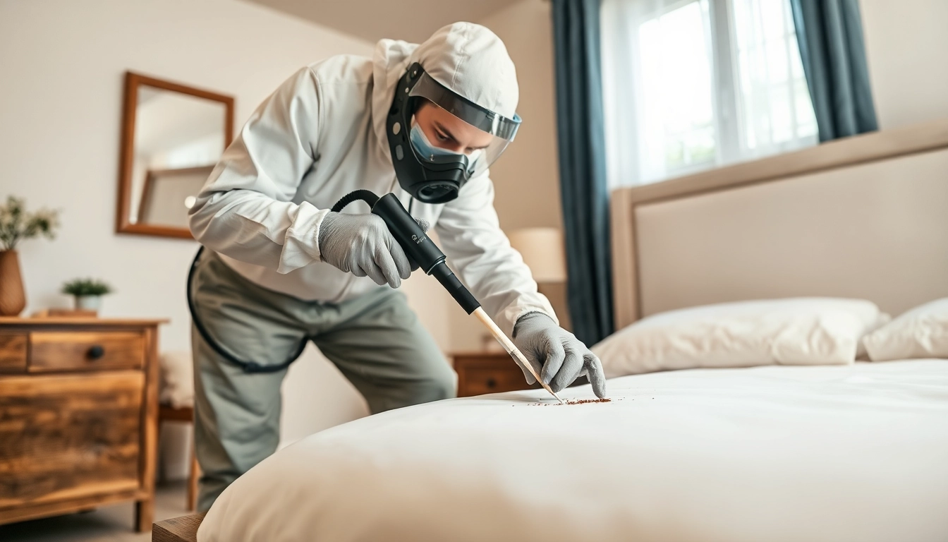 Implementing bed bug treatment by a professional in a tidy bedroom, emphasizing effective pest control.