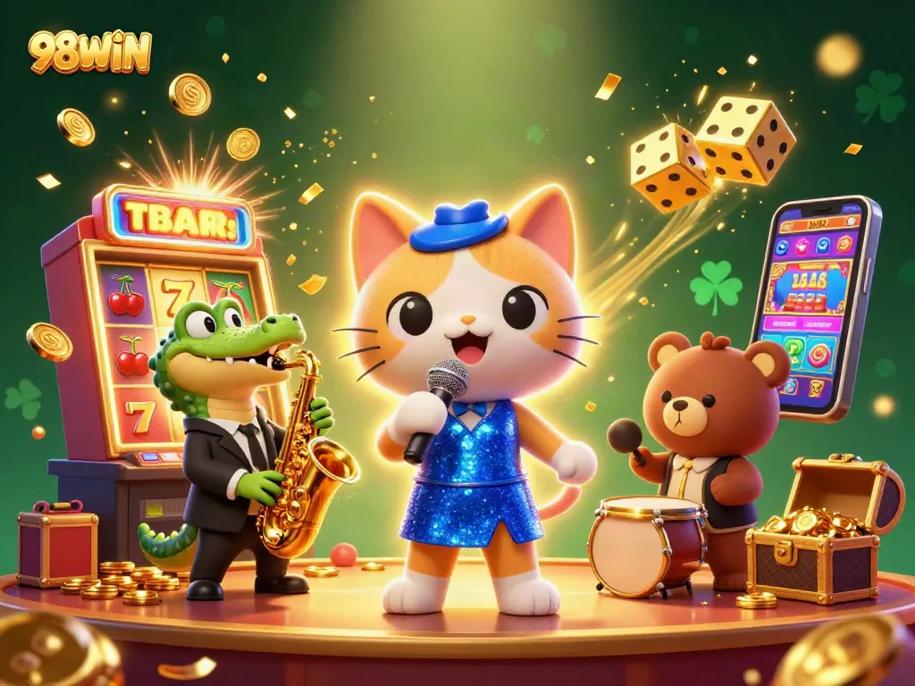 Experience thrilling casino action with 98WIN as cartoon characters perform in a vibrant, celebratory atmosphere.