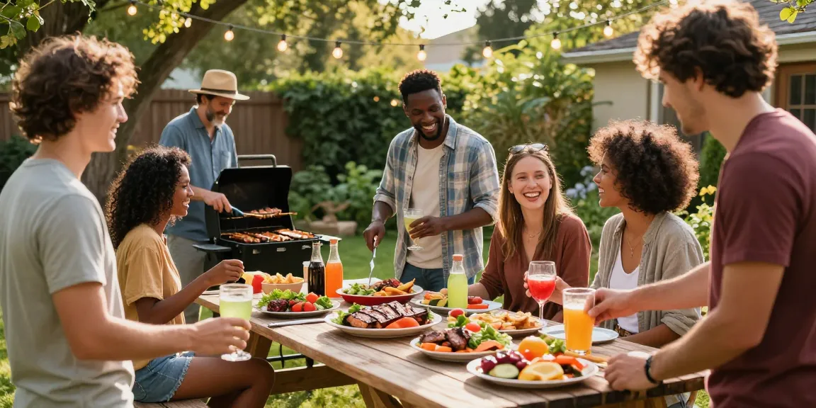 Teman-teman menikmati pesta BBQ di halaman belakang dengan hidangan lezat dan kebahagiaan bersama, menampilkan BOS88.