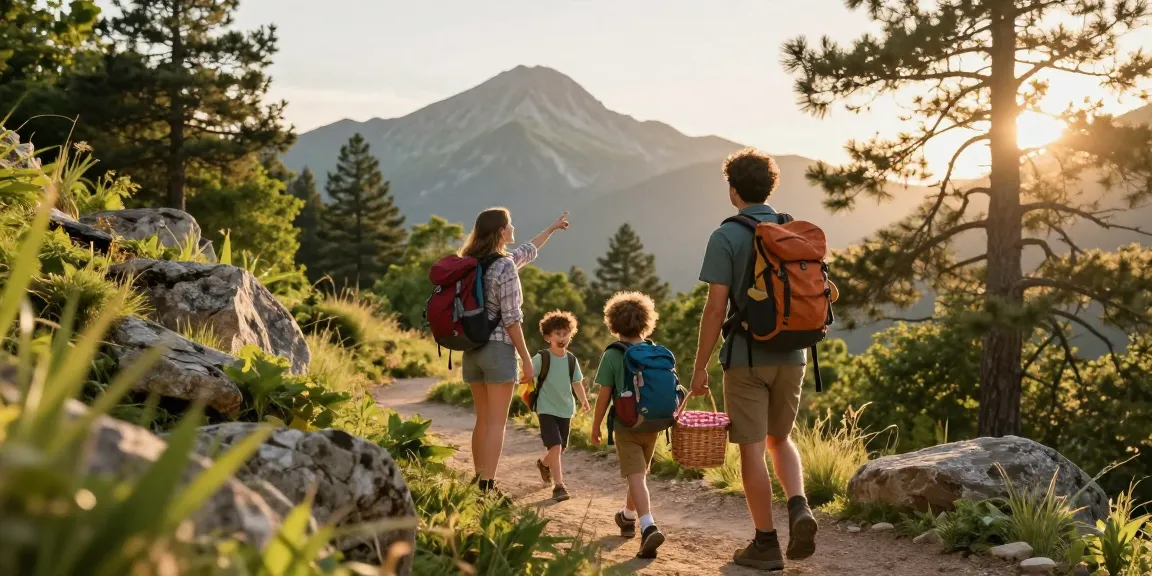 A family enjoying a hiking adventure in the mountains, exploring nature together with mantra88 gear and joyful spirit.