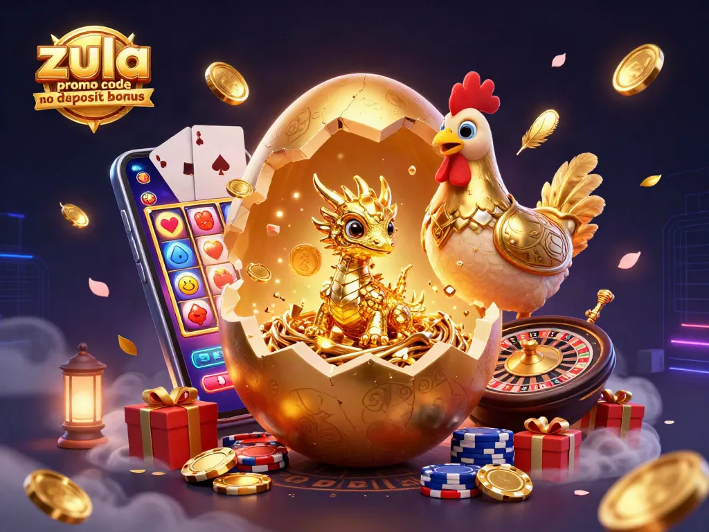 Zula casino promo code no deposit bonus reveals a golden dragon on poker chips amidst dynamic casino elements.