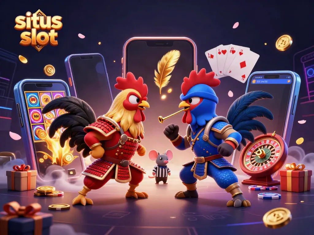 Rasakan ketegangan di situs slot dengan ayam petarung 3D berpakaian samurai dan ninja, dikelilingi elemen kasino.
