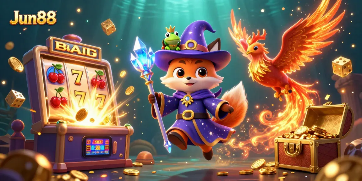 Experience excitement with Jun88’s animated mystical scene featuring a wizard fox, phoenix, and engaging casino elements.
