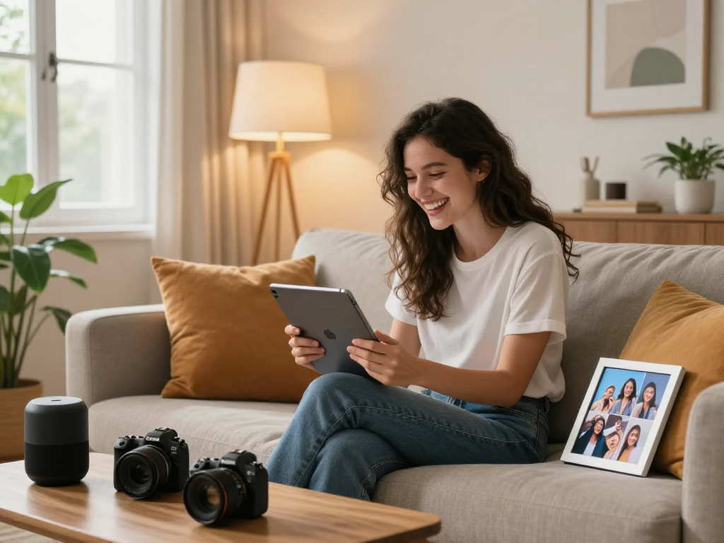 Engaging moment with an AI girlfriend as a young woman shares a laugh in her stylish living room.