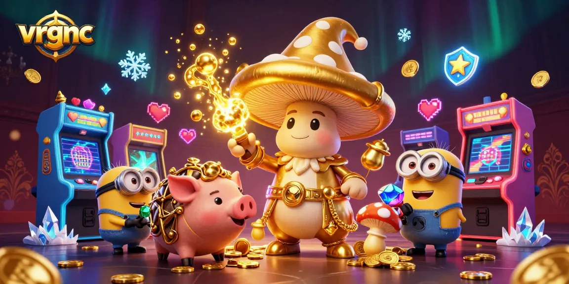 Spin to win with vrgnc in a dynamic, vibrant casino-themed illustration featuring golden mushroom wizard and treasures.