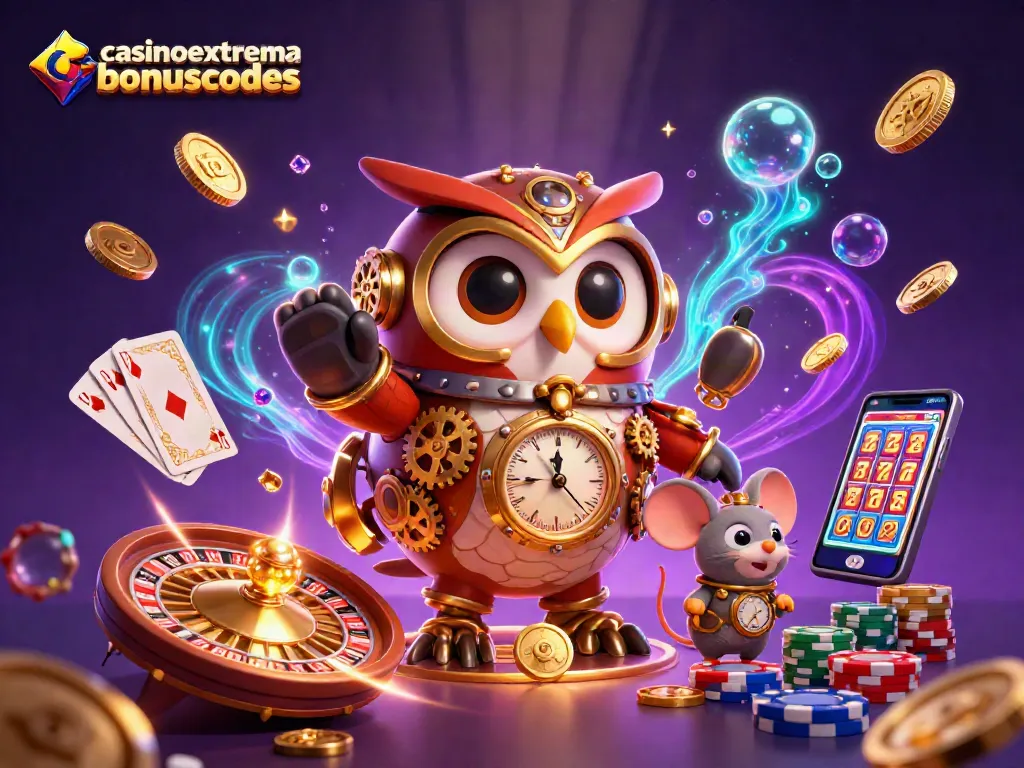 CasinoExtremeBonusCodes showcases a vibrant 3D casino scene with steampunk characters and flying gems.