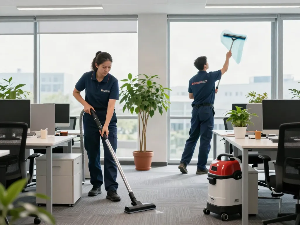 Professionelle Gebäudereinigung in Bochum mit Reinigungsteam in Aktion.