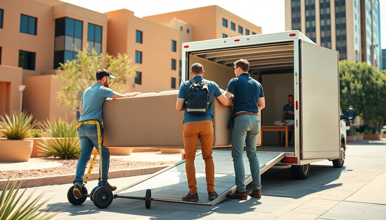 Furniture removal Phoenix team efficiently loading a sofa onto a moving truck in urban setting.